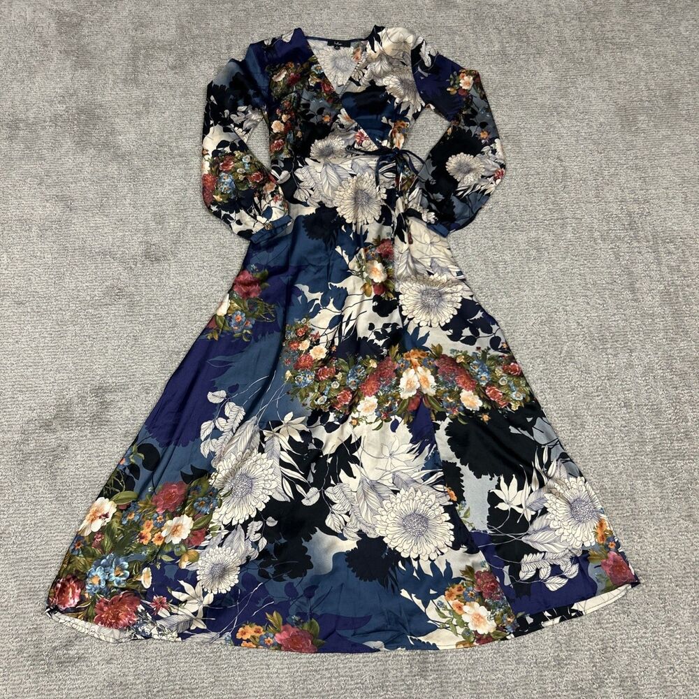 Lulus Wrap Dress Womens Small Put on a Smile Blue Floral Print Satin Maxi